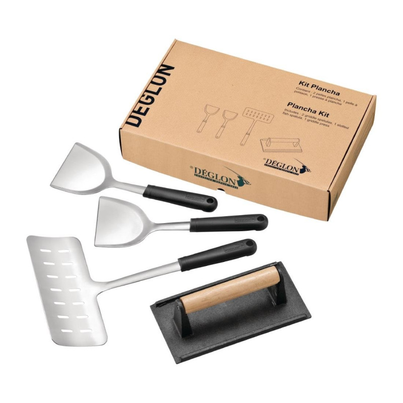 Stainless Steel and Cast Iron Plancha Kit with 4 Utensils - DEGLON - Fourniresto Stainless Steel and Cast Iron Plancha Kit with 4 Utensils - DEGLON - Fourniresto