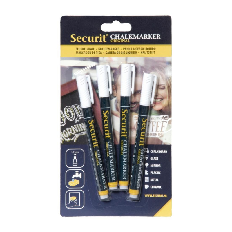 Feutres craie liquide blancs - Lot de 4 - Securit - Fourniresto Feutres craie liquide blancs - Lot de 4 - Securit - Fourniresto