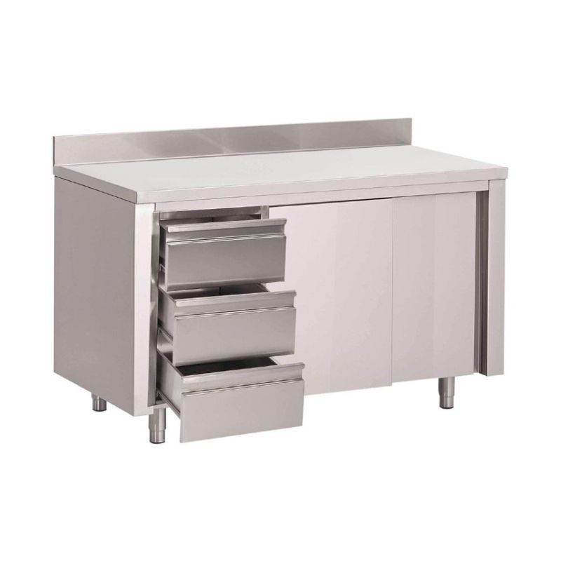 Table Armoire en Inox avec Dosseret 3 Tiroirs À Gauche et Portes Coulissantes-L 1200 x P 700mm - Gastro M Table Armoire en Inox avec Dosseret 3 Tiroirs À Gauche et Portes Coulissantes-L 1200 x P 700mm - Gastro M