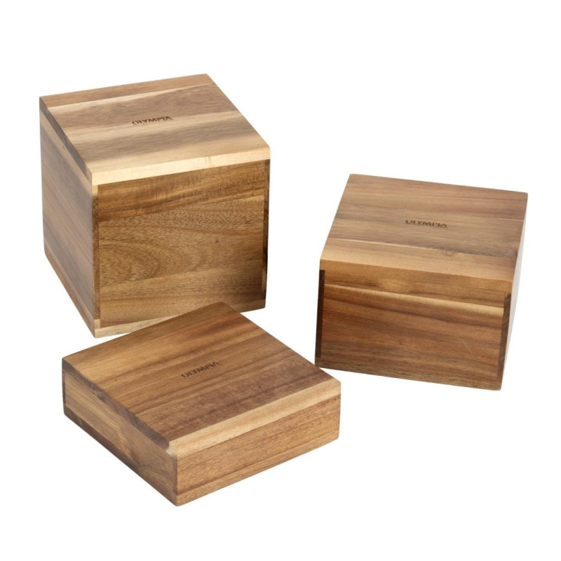 Acacia risers 50/100/150mm - Set of 3 Olympia - Acacia wood & Presentation height Acacia risers 50/100/150mm - Set of 3 Olympia - Acacia wood & Presentation height