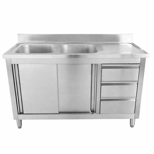 Spülmöbel mit 2 Becken, Rückwand und 3 Schubladen - 1400 x 600 mm - Becken links - Dynasteel