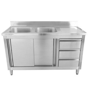 Spülmöbel mit 2 Becken und Rückwand - 1400 x 600 mm - Becken links - Dynasteel