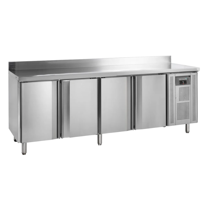 Table Réfrigérée avec Dosseret en Inox - 4 Portes - GN 1/1 - TEFCOLD Table Réfrigérée avec Dosseret en Inox - 4 Portes - GN 1/1 - TEFCOLD