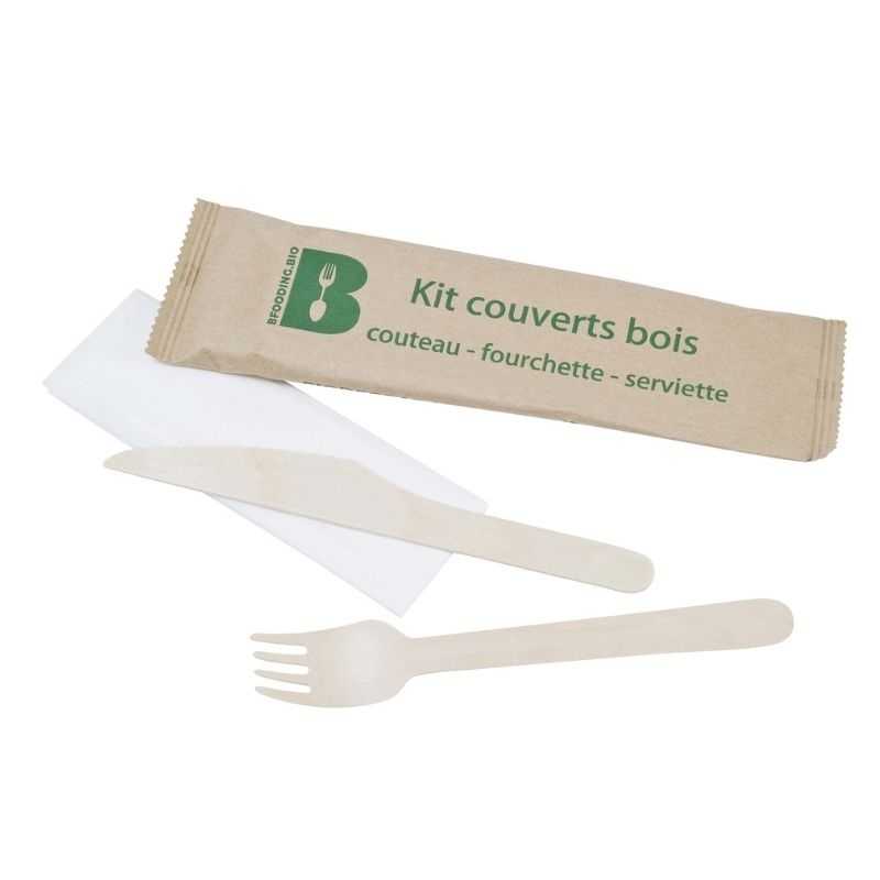 Couverts en Bouleau - Kit 3 Pièces : Couteau, Fourchette et Serviette - Lot de 250 Couverts en Bouleau - Kit 3 Pièces : Couteau, Fourchette et Serviette - Lot de 250