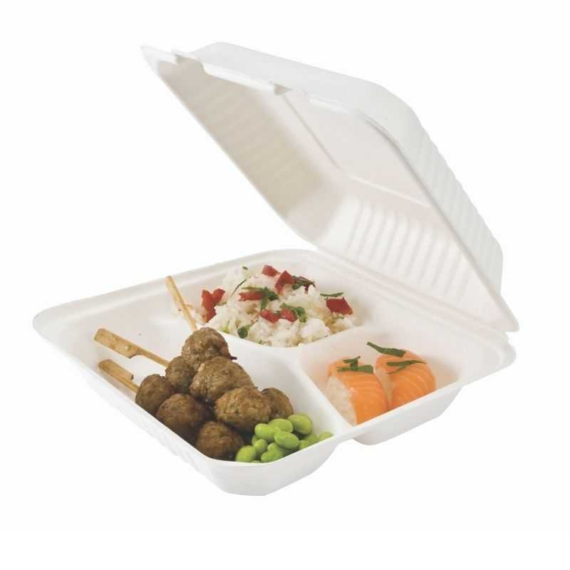 Mittagessenbox Bagasse 3 Fächer - Packung mit 50 Mittagessenbox Bagasse 3 Fächer - Packung mit 50