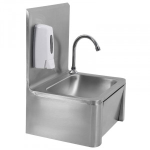 Edelstahl-Handwaschbecken mit Kniebedienung, Rückwand und Seife