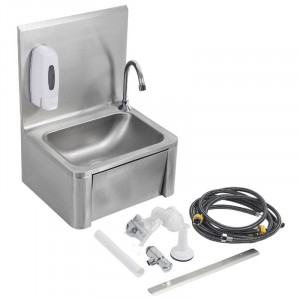 Edelstahl-Handwaschbecken mit Kniebedienung, Rückwand und Seife
