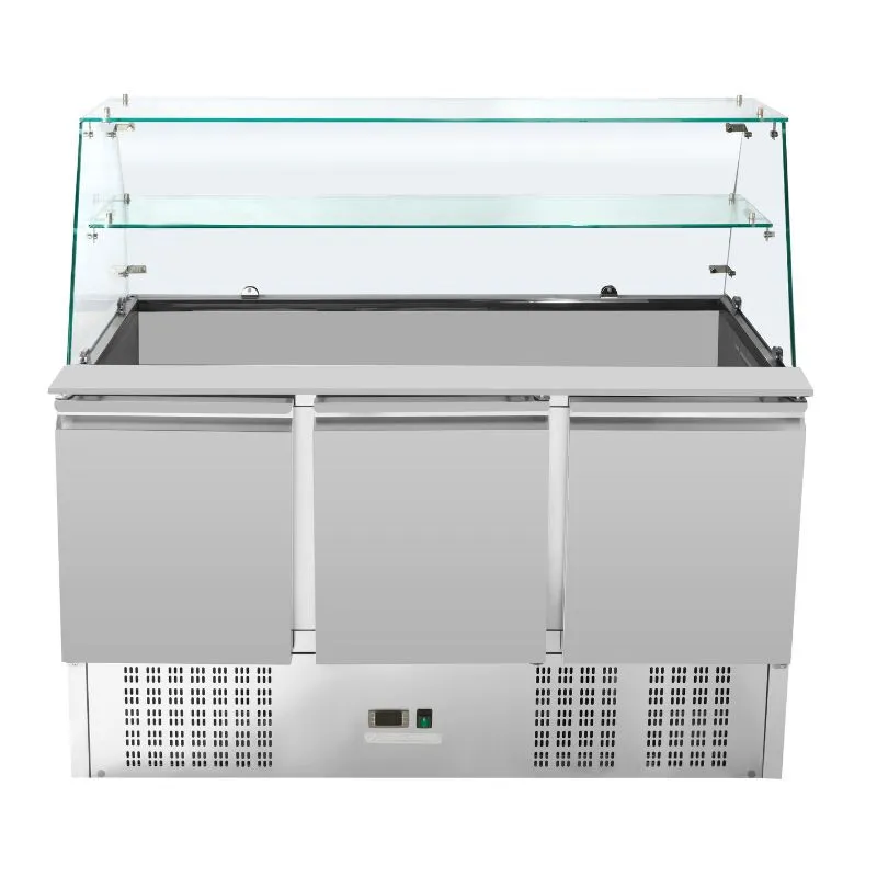 Saladette Réfrigérée 3 Portes 368 L, Vitrine Verre, Bacs GN 1/1, 0/+10 °C, Inox, Froid Statique