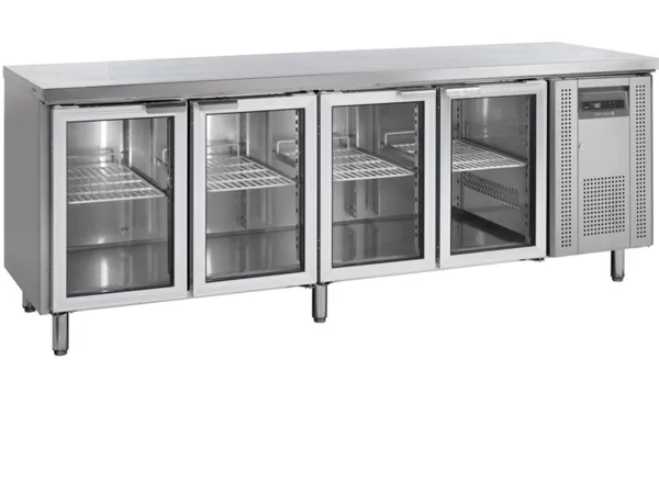 Table Réfrigérée avec Dosseret en Inox - 4 Portes Vitrées - GN 1/1