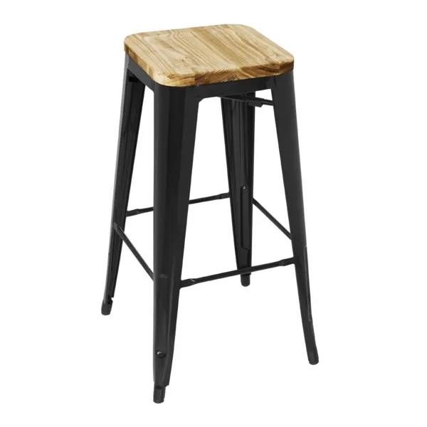 Schwarzer Bistro-Hocker aus Stahl mit Holzsitz - 4er-Set