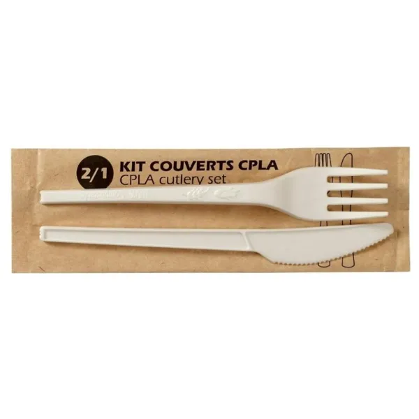 Couverts en CPLA - Kit 2 Pièces : Couteau, Fourchette - Lot de 250